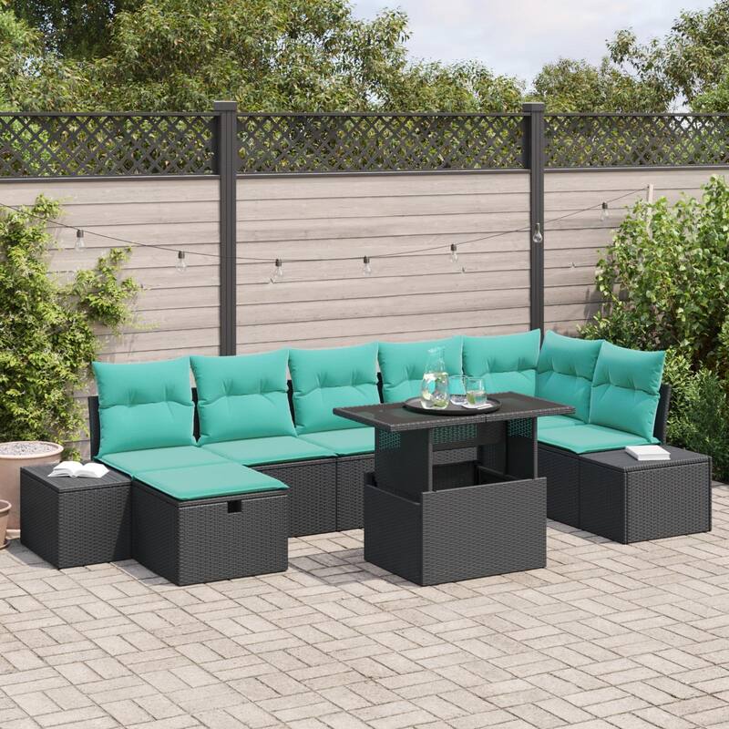 vidaXL 8 Garden Sofa Set with Cushions Black/Brown/Grey Poly Rattan - 125.6 x 60.6 x 27.2 - Black