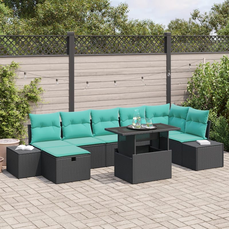 vidaXL 8 Piece Garden Sofa Set with Cushions Black Poly Rattan - 125.6 x 60.6 x 27.2