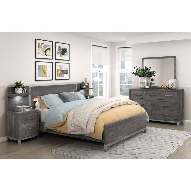 Queen Size Wood Panel Bed with Metal Accents and Scratch-Resistant Finish