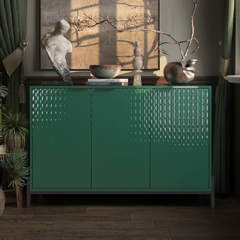 Modern High Gloss 3-Door Cabinet -Buffet Sideboard with Powder Coated Metal Feet - Green