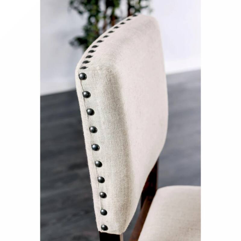 Set of 2 Linen Upholstered Dining Chairs with Nailhead Trim in Brown Cherry and Ivory