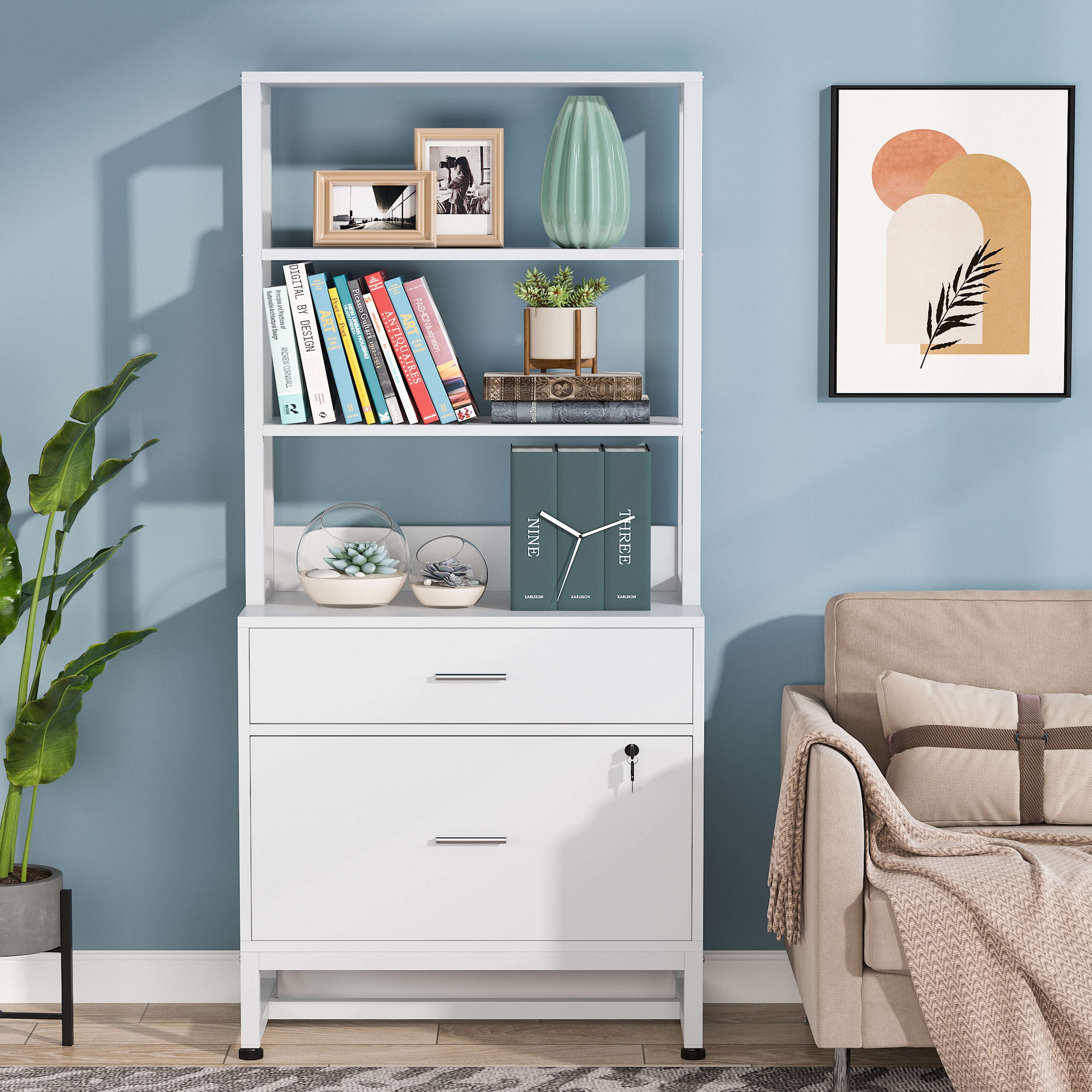 Filing cabinet with shop bookcase on top