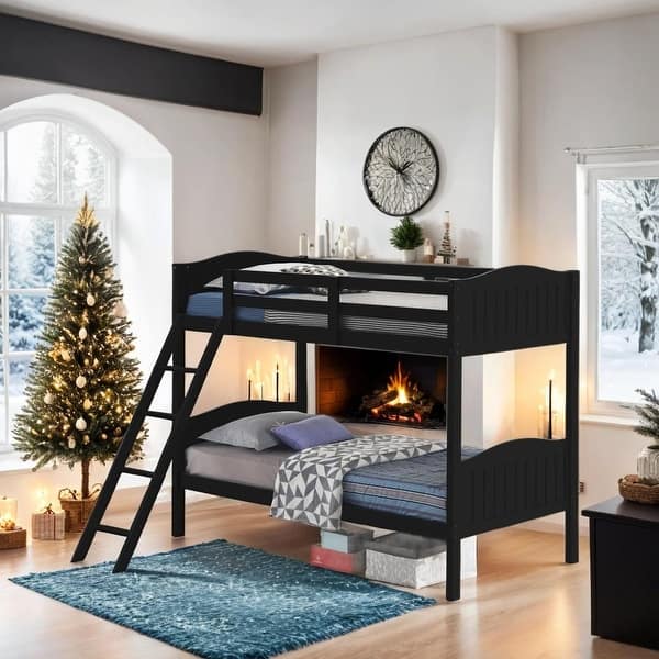 slide 2 of 6, Twin over Twin Bunk Bed with Camelback Headboard & Guardrails, Black Black