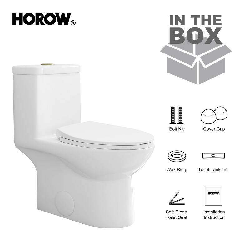 HOROW 1 Piece Dual Flush Elongated Toilet White 0.8 1.28 GPF Seat Included Brushed Gold Button