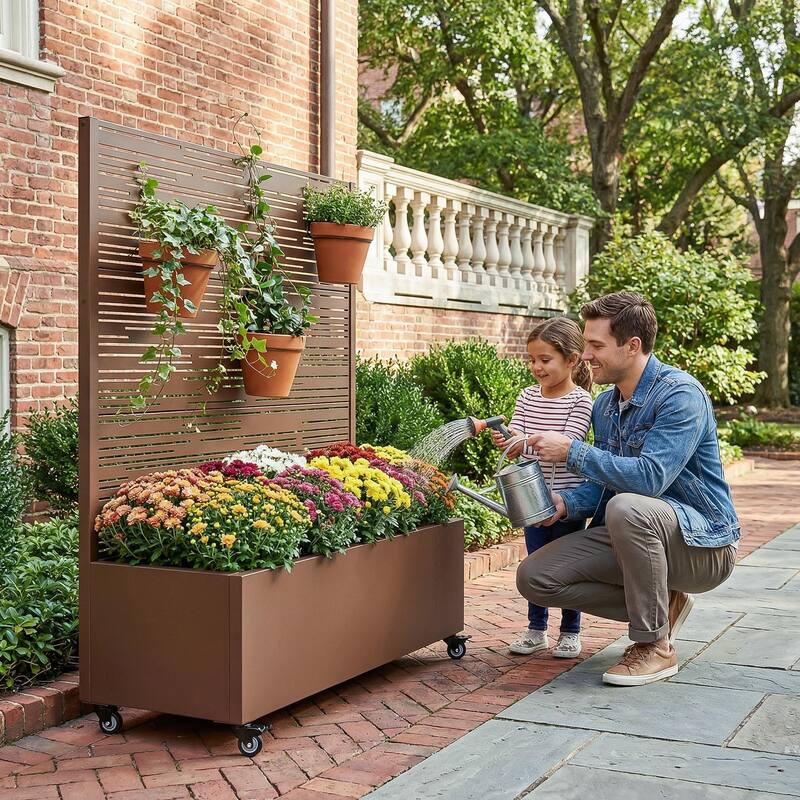 Raised Garden Bed Planter with Trellis Movable Planter Box with Lockable Wheels