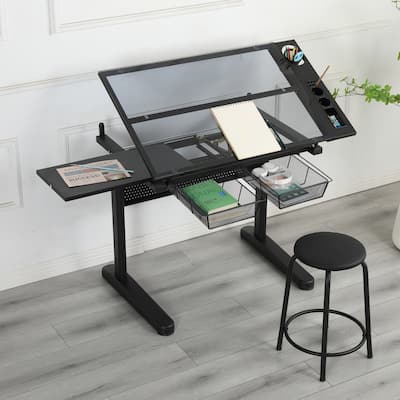 Hand crank adjustable drafting table drawing desk with 2 metal drawers WITH STOOL