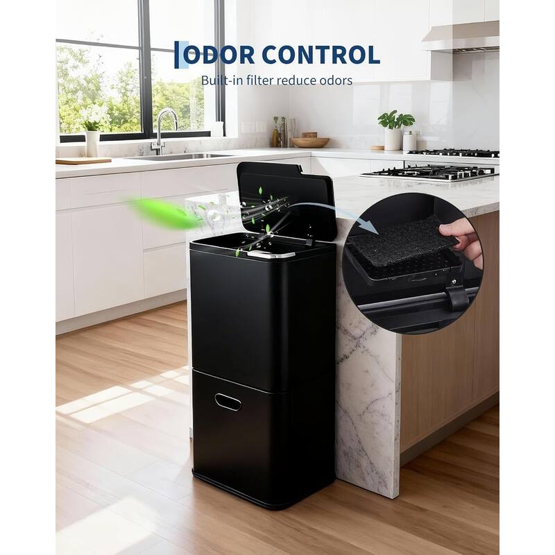 16-Gallon Dual Compartment Stainless Steel Trash and Recycle Bin with Odor Filter and Removable Buckets Silver