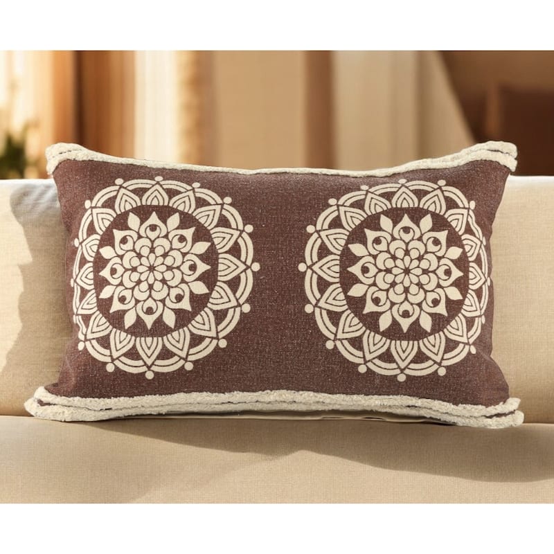 HomeRoots 16" X 24" Brown and Ivory Medallion Cotton Lumbar Throw Pillow With Texture - Bed Rest - Polyester