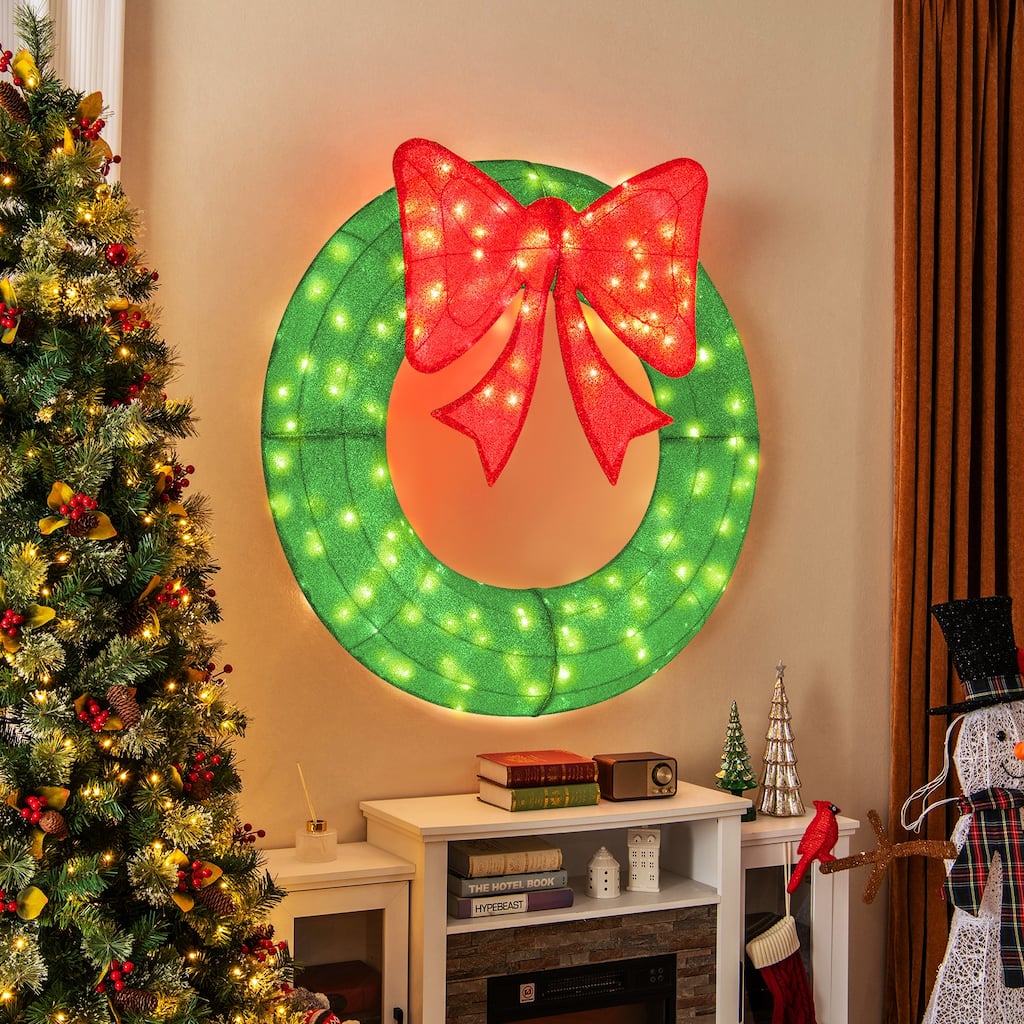 48 Inch Pre Lit Christmas Wreath with Large Red Bow and 200 LED Lights for Indoor Outdoor Holiday Decoration - Green - 29" x 30"