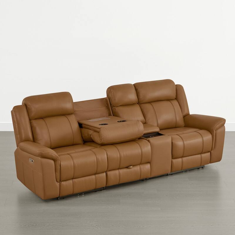 Spruce & Spring Genuine Leather Power Reclining Sofa with Optional Console & Flip-Down Table