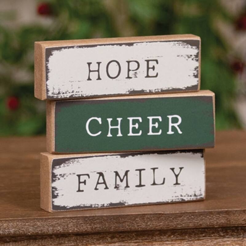 Rustic Holiday Mini Sign Family Cheer Hope Display - 3 Asstd. - 3" x 0.50" x 1"