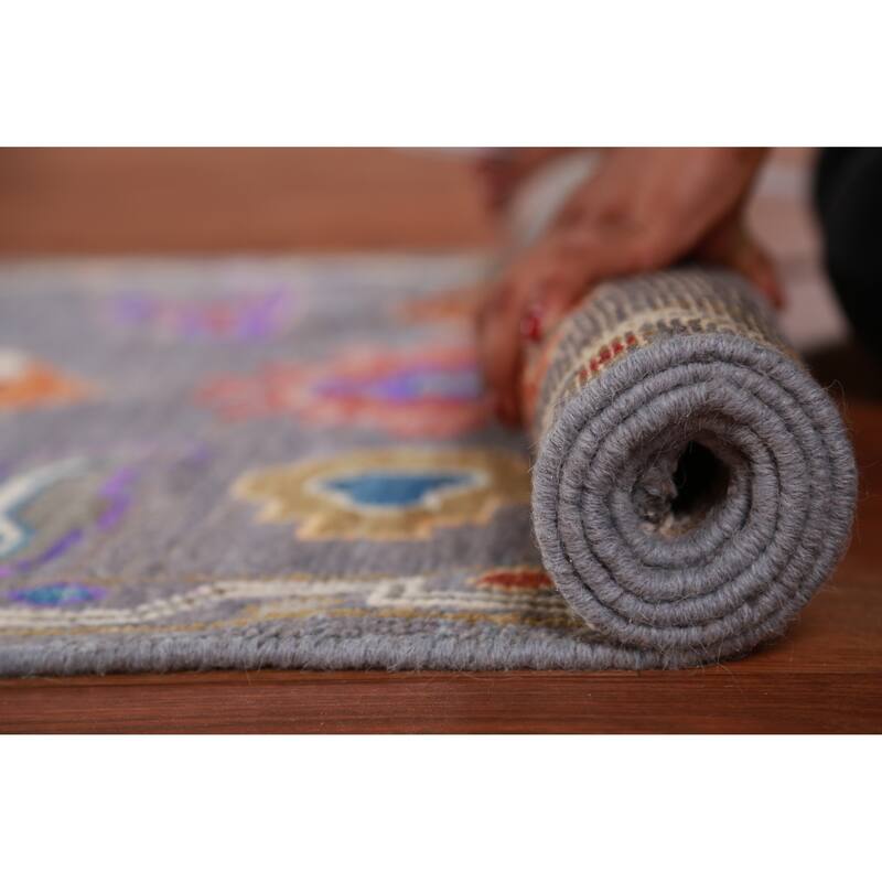 Hand Knotted Oriental 100% Wool Carpet Transitional Floral Greys & Charcoal Oushak Runner Rug - 9' 10'' X 2' 8''