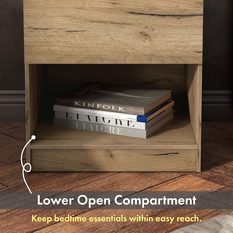 DH BASIC Rustic Light Oak 1-Drawer Nightstand with Charge Stand and Open Shelf by Denhour