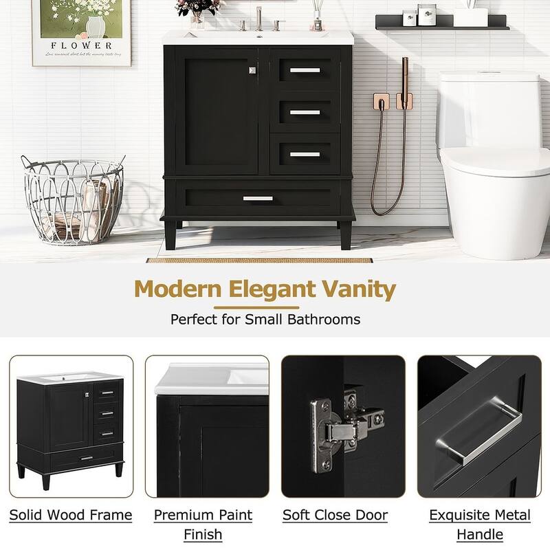 30" Bathroom Vanity With Sink, Solid Wood Bathroom Storage Cabinet