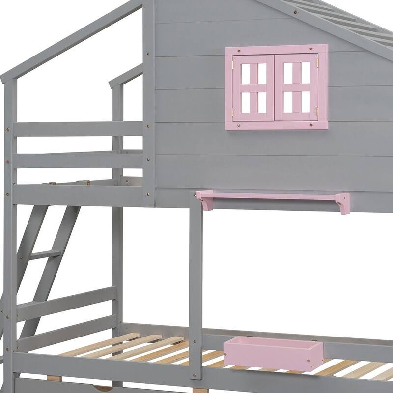 HomeRoots Gray Twin Over Twin Solid Wood Bunk Bed With Drawers And Storage