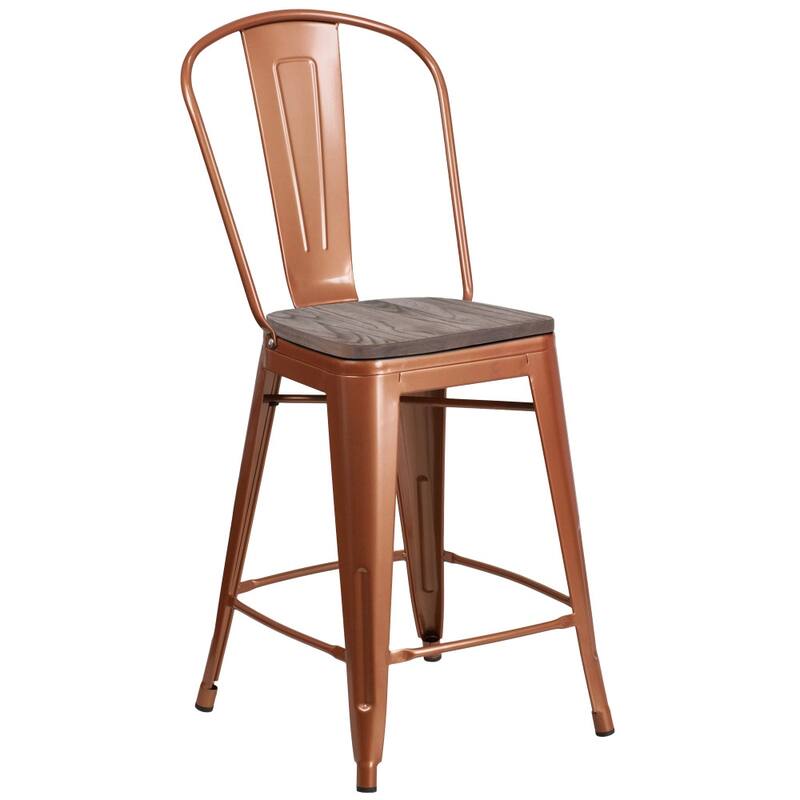 24" High Metal Counter Height Stool with Back and Wood Seat - 17.75"W x 22"D x 40.25"H - 17.75"W x 22"D x 40.25"H