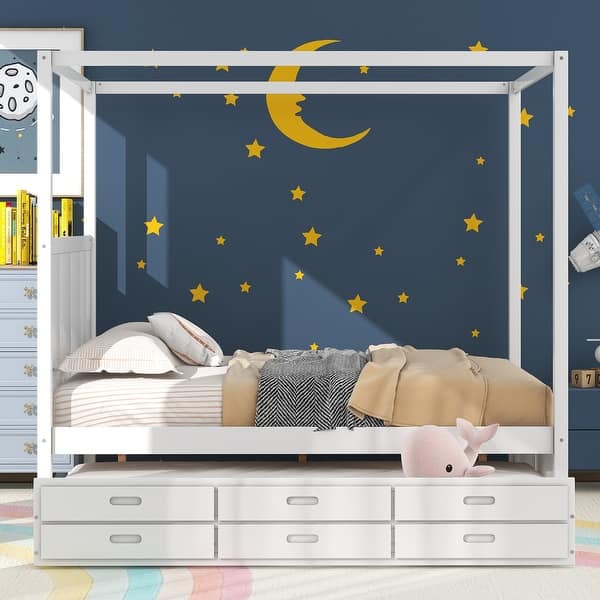 slide 2 of 17, Queen Canopy Bed with Twin Trundle and Storage Drawers, Solid Wood Frame, White White
