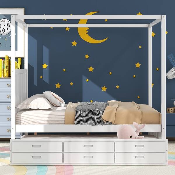 slide 2 of 9, Queen Size Canopy Bed with Twin Trundle and Three Storage Drawers White