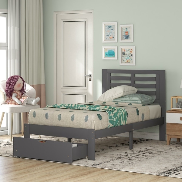 Twin Size Platform Bed with Drawer, Gray,MDF and Pine Wood. Opens flyout.
