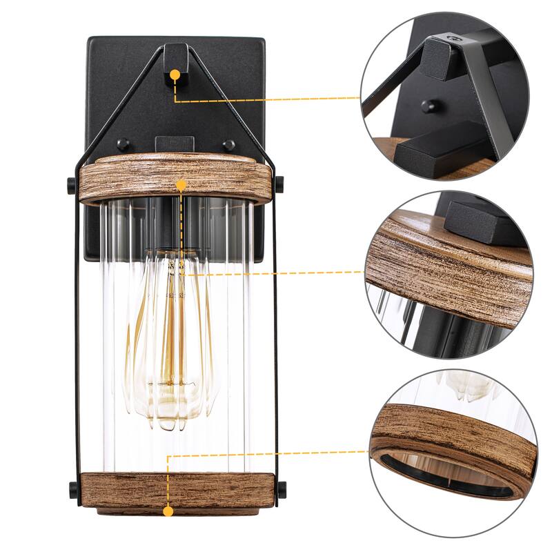 C Cattleya 2-Pack Black and Woodgrain Outdoor Wall Sconces Light