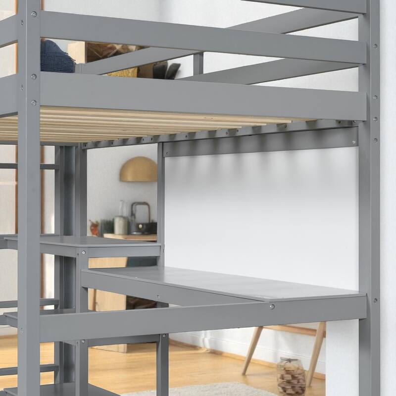 Twin Size Wooden Loft Bed with Desk, Shelves and Writable Board, Space Saving Work and Sleep Station