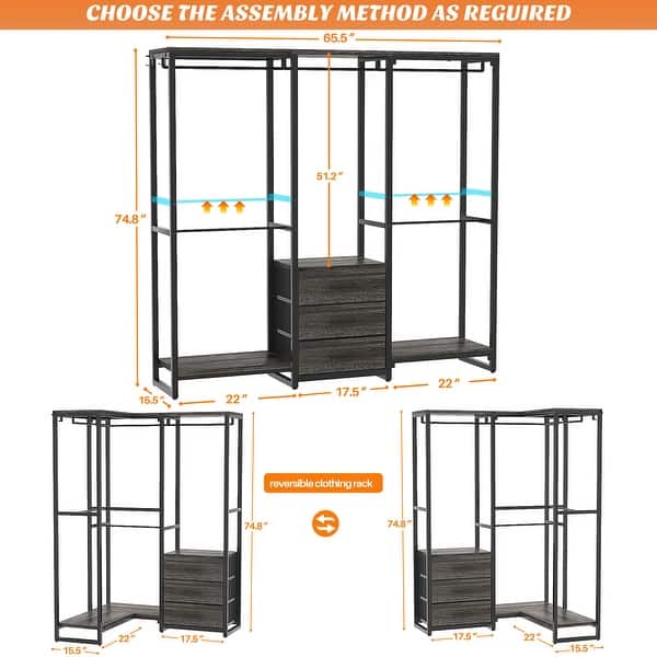 dimension image slide 3 of 4, 65.6'' Heavy-duty Garment Rack, Freestanding Closet Organizer with Fabric Drawers and 5 hanging Rods