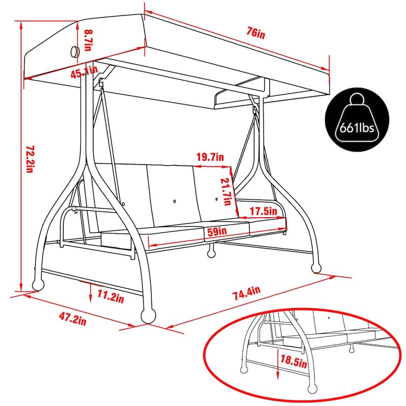 VEIKOUS Outdoor 3-Person Patio Porch Swing with Adjustable Canopy and Cushions