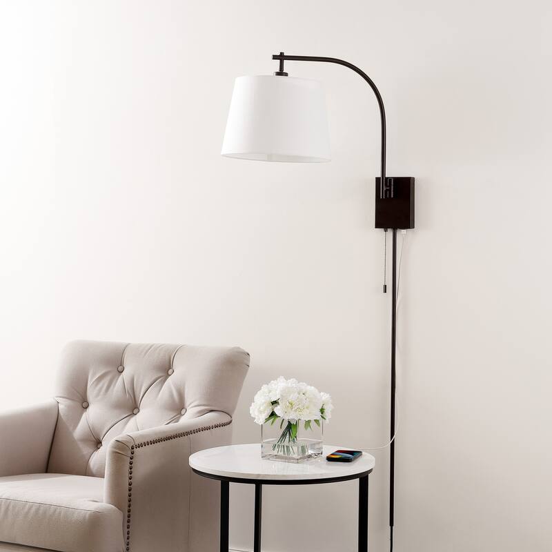 David 22.5" 1-Light Plug-In or Hardwired LED Gooseneck Swing Arm Wall Sconce with Pull-Chain and USB Charging Port by JONATHAN Y