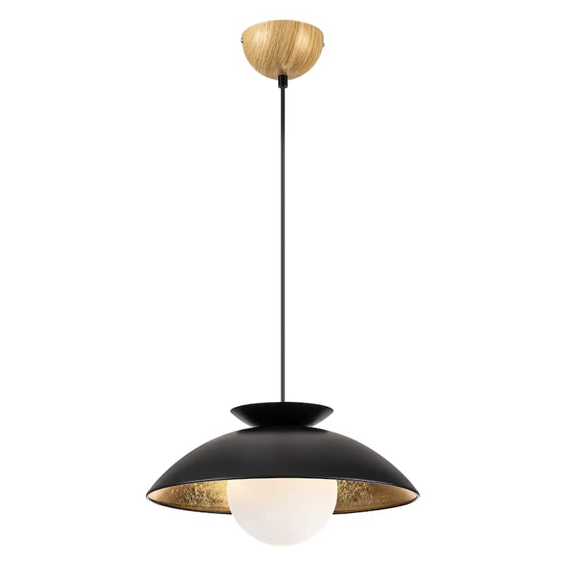 1-Light Modern Dome Gold Leaf Wood Frosted Glass Globe Bubble Pendant Light for Kitchen Island