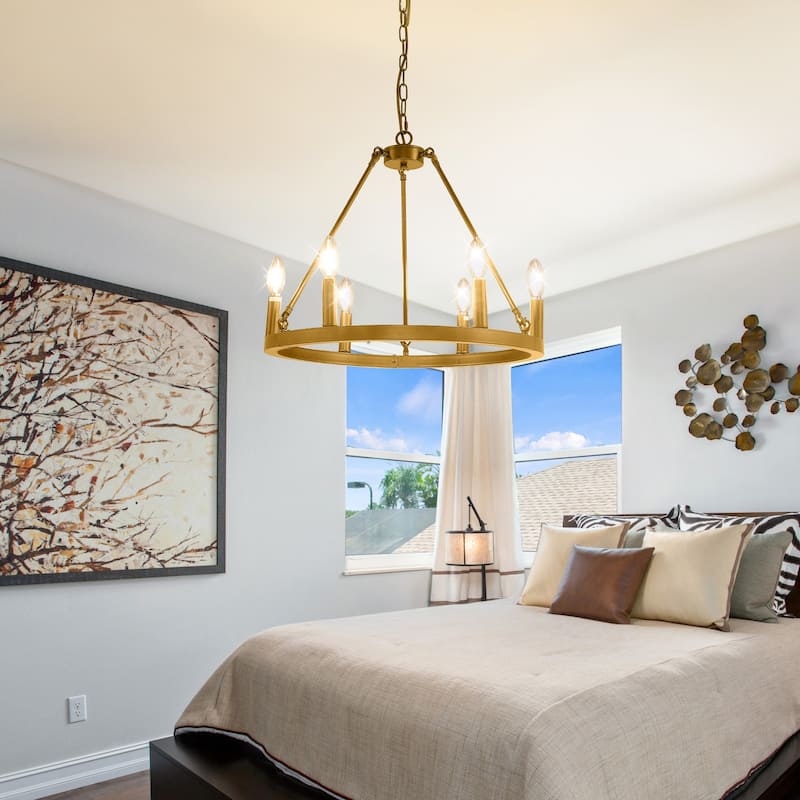 Black Farmhouse Chandelier, 6-Light Wagon Wheel Chandelier with Adjustable Height