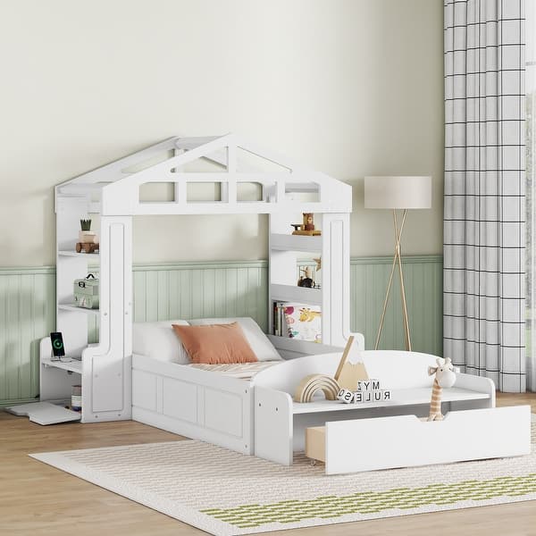 slide 2 of 18, Twin Size House Bed with Bench, Socket and Shelves White
