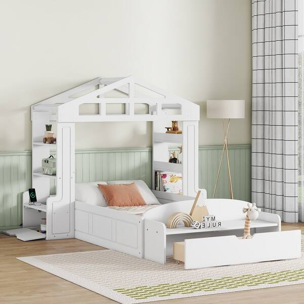slide 2 of 13, White Twin Solid Wood House Bed with Bench & Shelves White