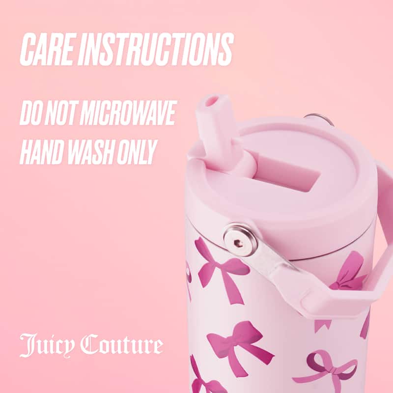Juicy Couture Flip & Sip Hydration Stainless Steel Screw Top Tumbler with Flip Straw and Carry Handle