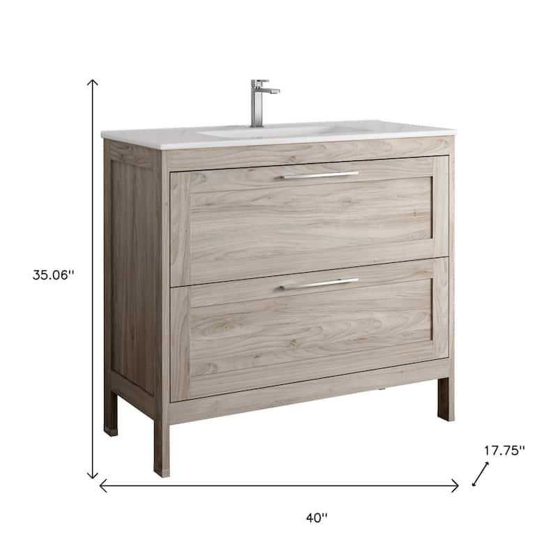 HomeRoots 40" Natural Wood Freestanding Bathroom Vanity With White Sink And Two Drawers - 40.00 in. x 35.06 in. x 17.75 in.