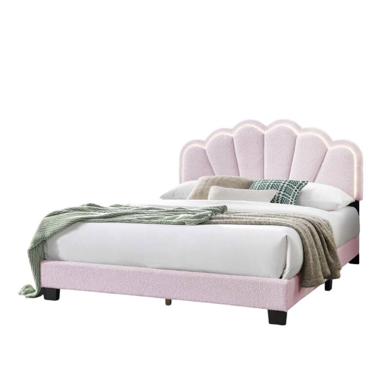 Madsy Full Bed, Pink Upholstered Fan-Shaped Headboard, Metallic Accents