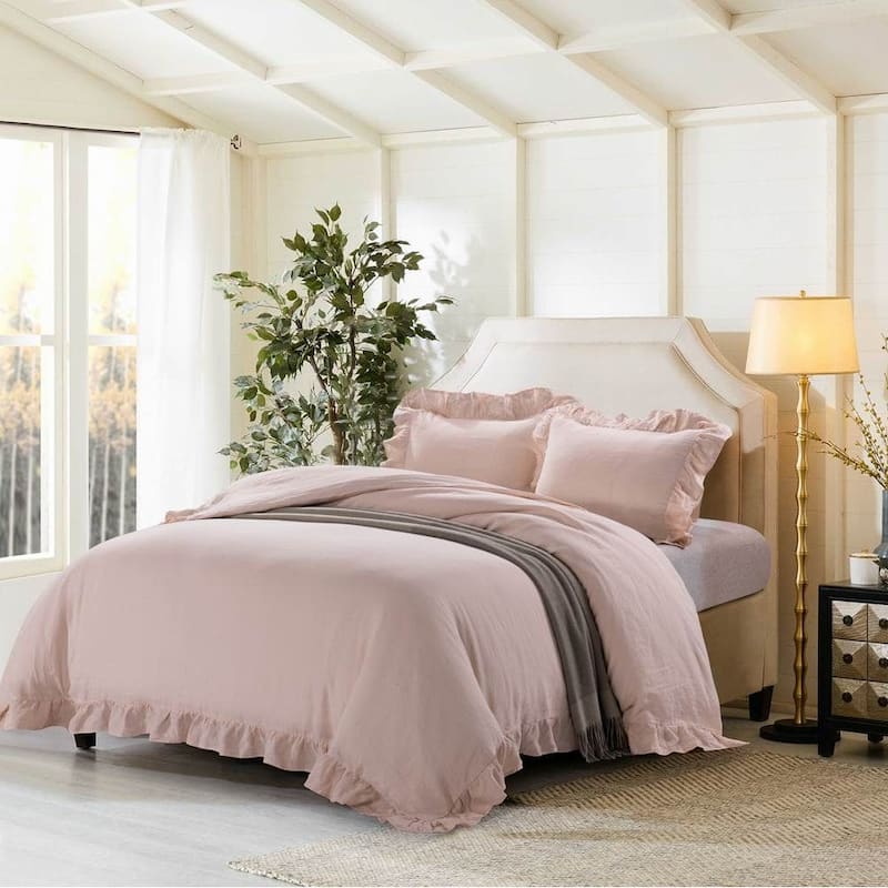 WHOLINENS Stone Washed French Linen Duvet Cover Set Ruffle Style