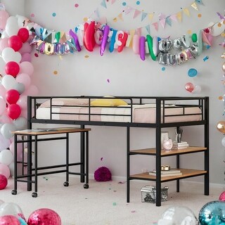 Modern Twin Size Metal Loft Bed with Desk and Shelves,Sturdy Construction