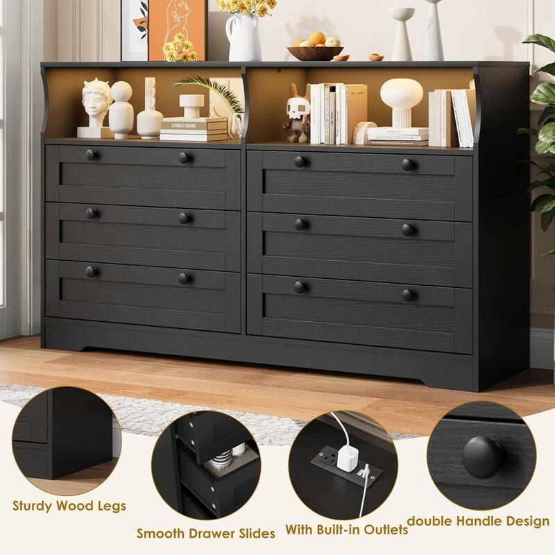 6 Drawer Dresser for Bedroom with Power Outlet and LED Light