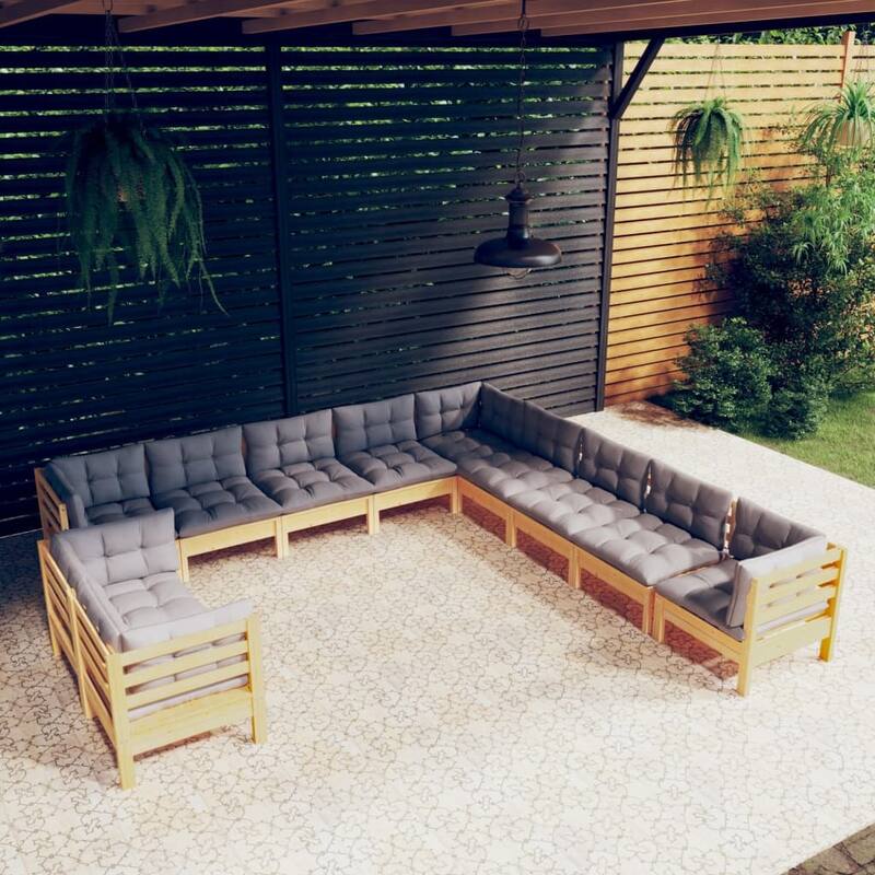 vidaXL Solid Pinewood Patio Lounge Set 11 Piece with Cushions Multi Colors