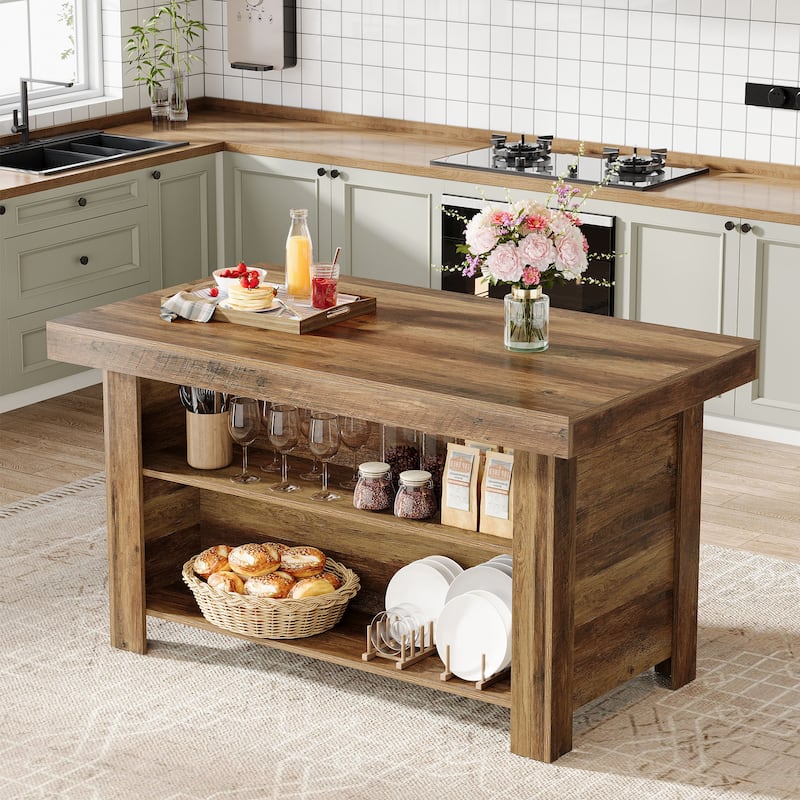 55" Kitchen Island with Storage, Farmhouse Counter Height Bar Table