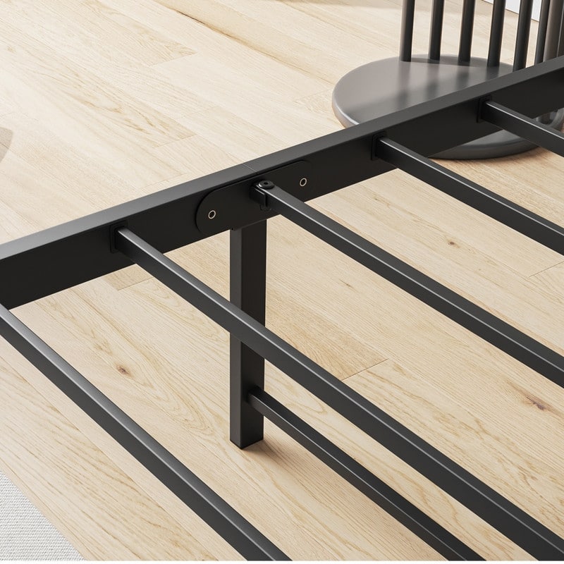Metal&Wood Platform Bed with Storage Linen Headboard and Charging Station