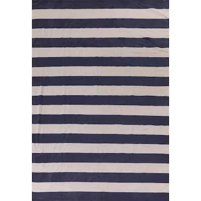 Striped Durrie Kilim Turkish Area Rug Hand-Woven Wool Carpet - 7'3"x 10'3"
