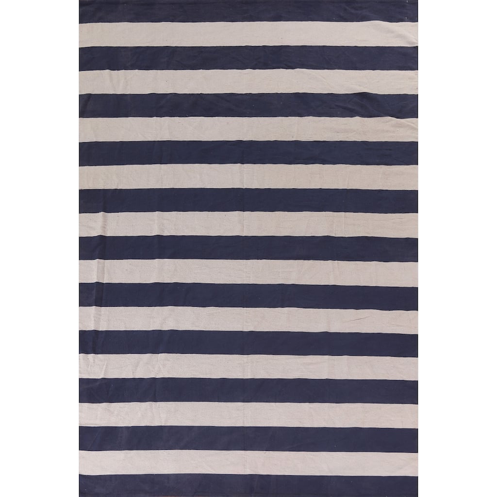 Striped Durrie Kilim Turkish Area Rug Hand-Woven Wool Carpet - 7'3"x 10'3"