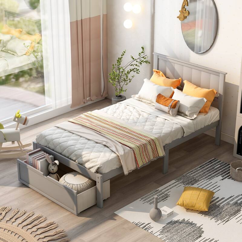 Wood Platform Bed with Under-Bed Drawer Storage, No Box Spring Needed