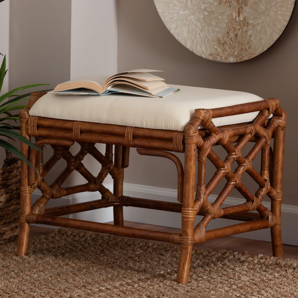 Morley Marbled Tortoise Natural Rattan Ottoman - Handcrafted Accent Footstool with Decorative Frame, Coastal Tropical Style