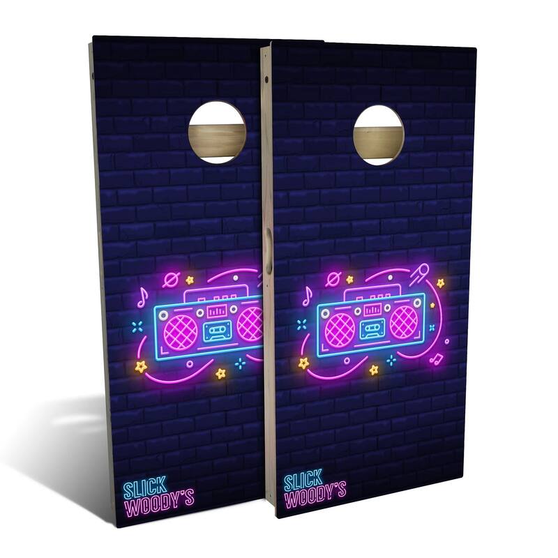 80s Boombox Outdoor Cornhole Board Set - Backyard 2x4 - Include Hole + Edge Lights