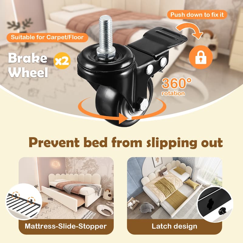 Twin Upholstered Daybed with Pull-Out Trundle, Velvet Sofa Bed for Small Spaces, Guest Bed with Metal Slatted Frame