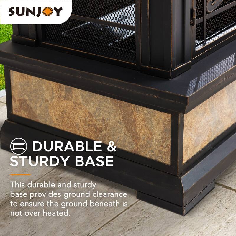 Sunjoy Smith Collection Outdoor Patio Wood Burning Steel Fireplace with Chimney, Spark Screen, Fire Poker, and Removable Grate