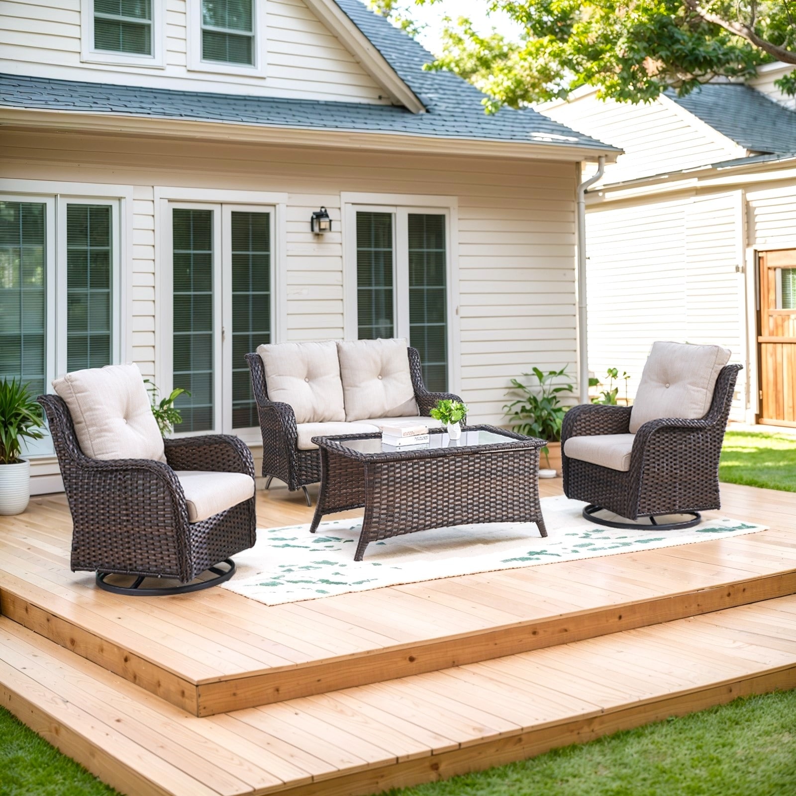 Patio Loveseat Wicker Sofa and Swivel Chair with Table - Beige cushion - Brown