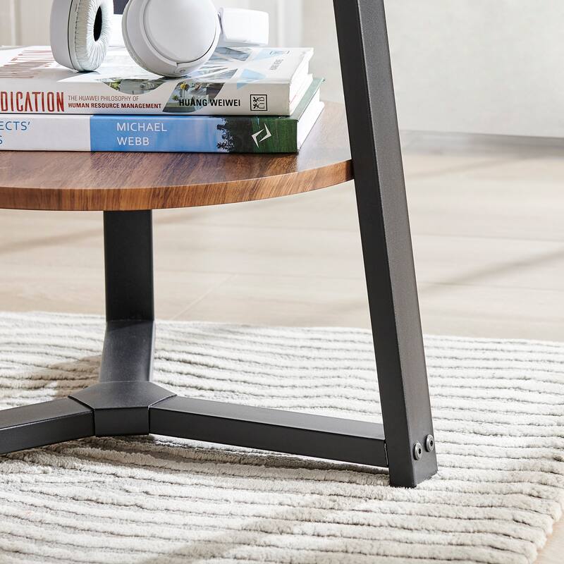 Mason Round 2-Tier Side Accent Table with Raised Lip Edge Tabletop and Mid-century Modern Crossed Metal Bold Pedestal Legs